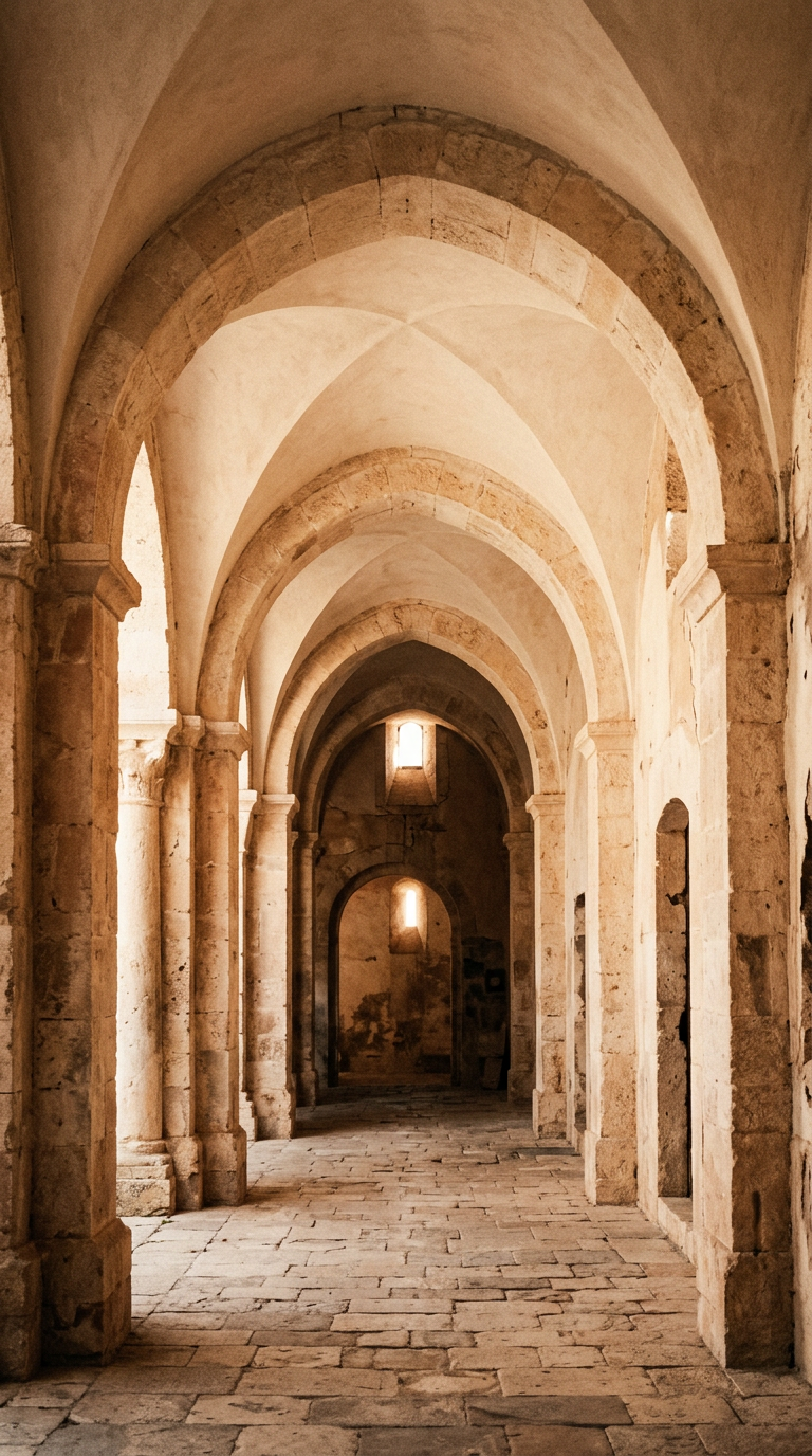 Sunlit stone archways opening into a shared space